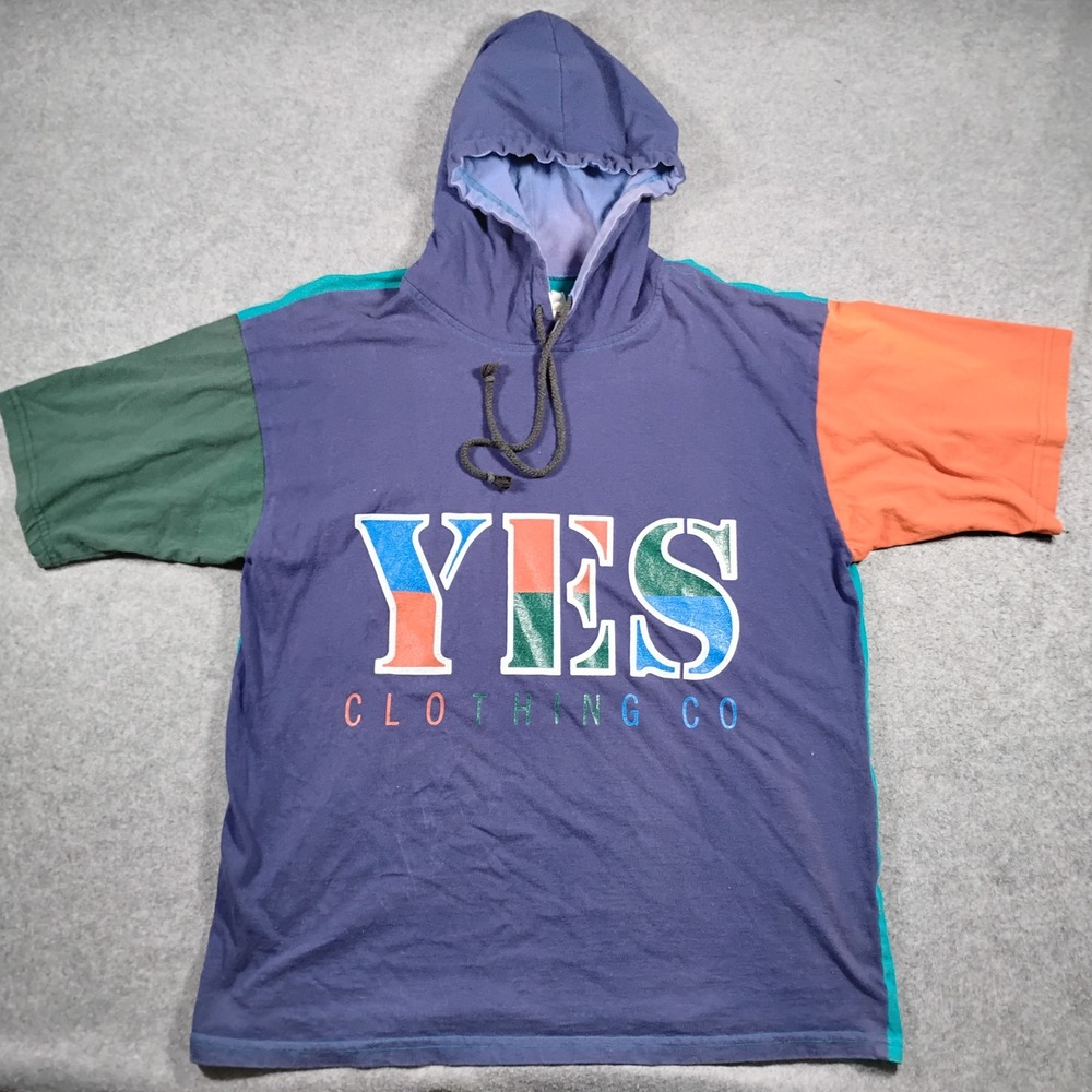 Vintage YES Clothing Co Color Block Hoodie T-Shirt Large Blue Retro 90s USA